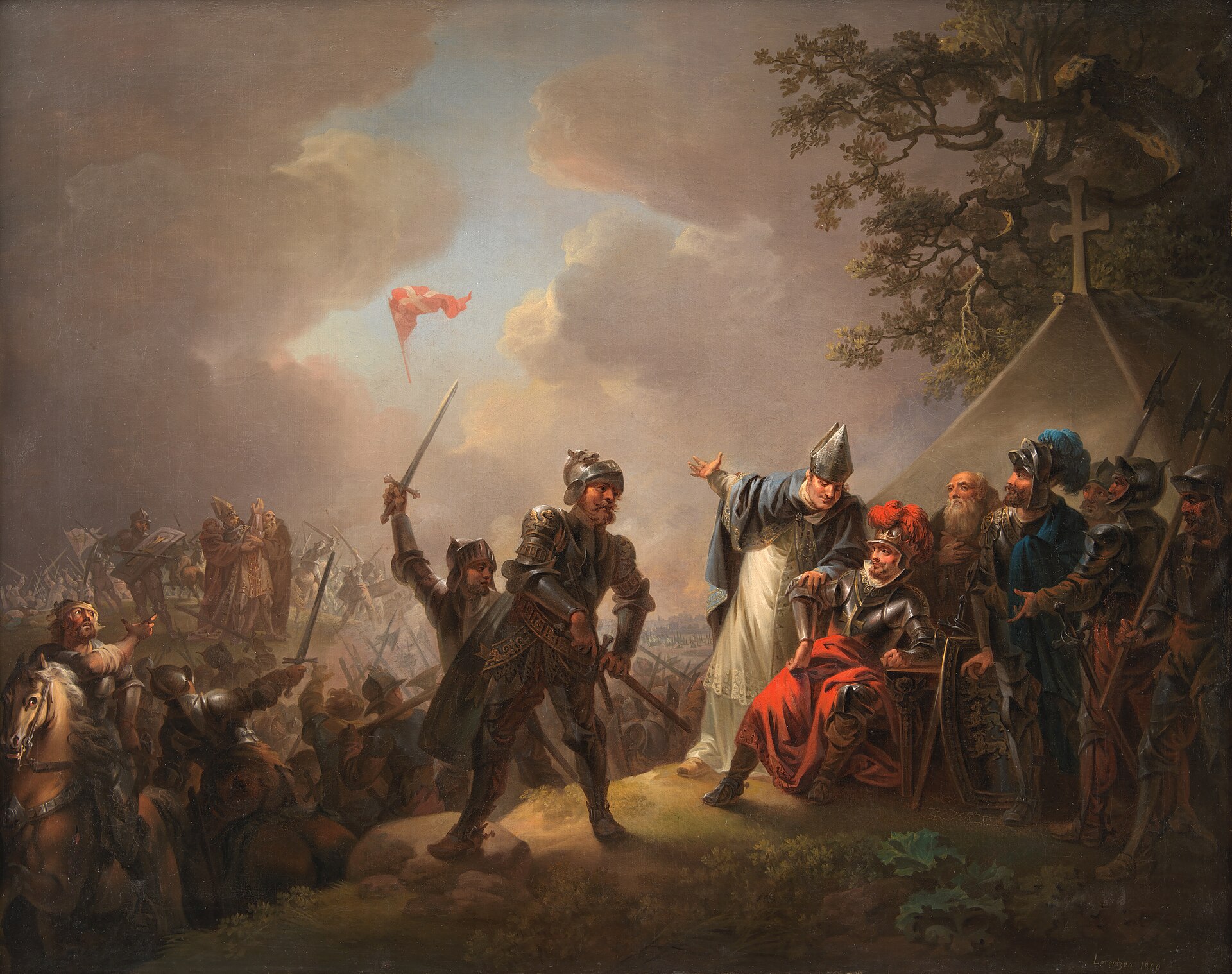 Christian August Lorentzen’s *Dannebrog Falling from the Sky* (1809): Valdemar’s battle at Lyndanisse, later Tallinn, in 1219.