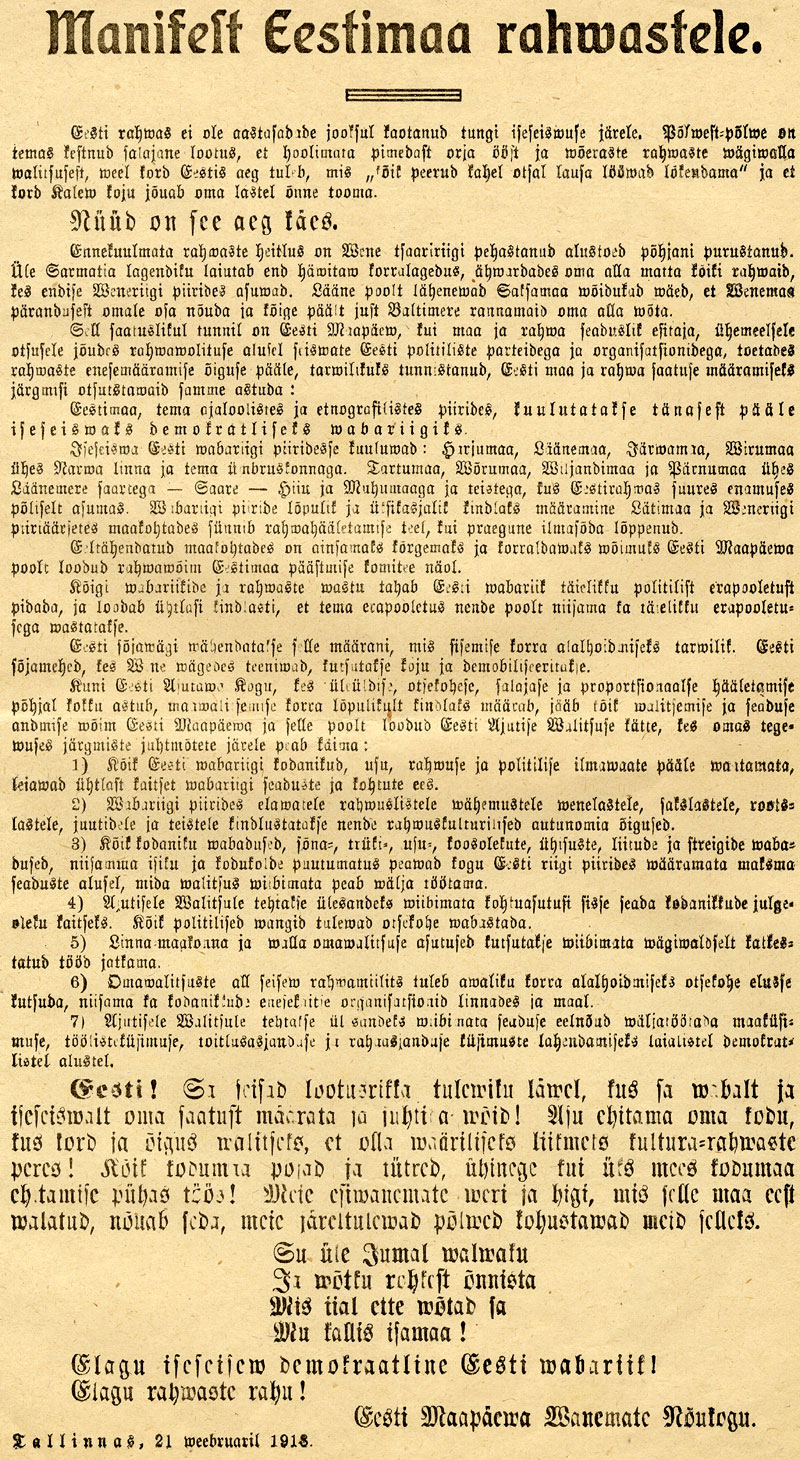 The Manifesto to All Peoples of Estonia, 24 February 1918.