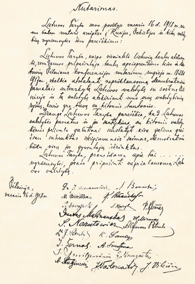 The Act of Independence of Lithuania, 16 February 1918, in the Taryba’s own hand.